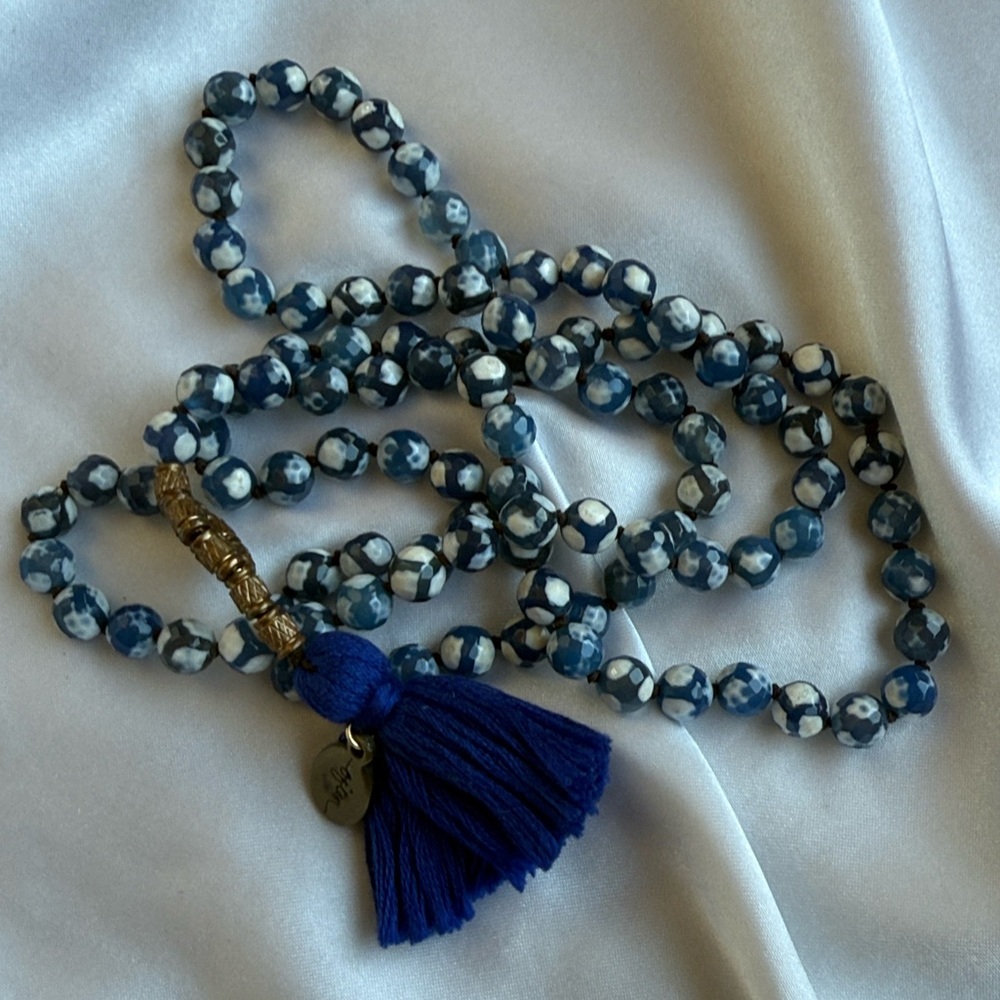 Blue White Agate Mala 108 Beads Meditation Prayer Necklace Royal Blue